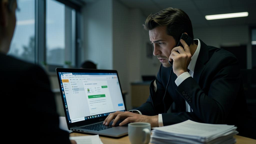 Un homme en costume parle au téléphone devant un ordinateur affichant une boîte mail.