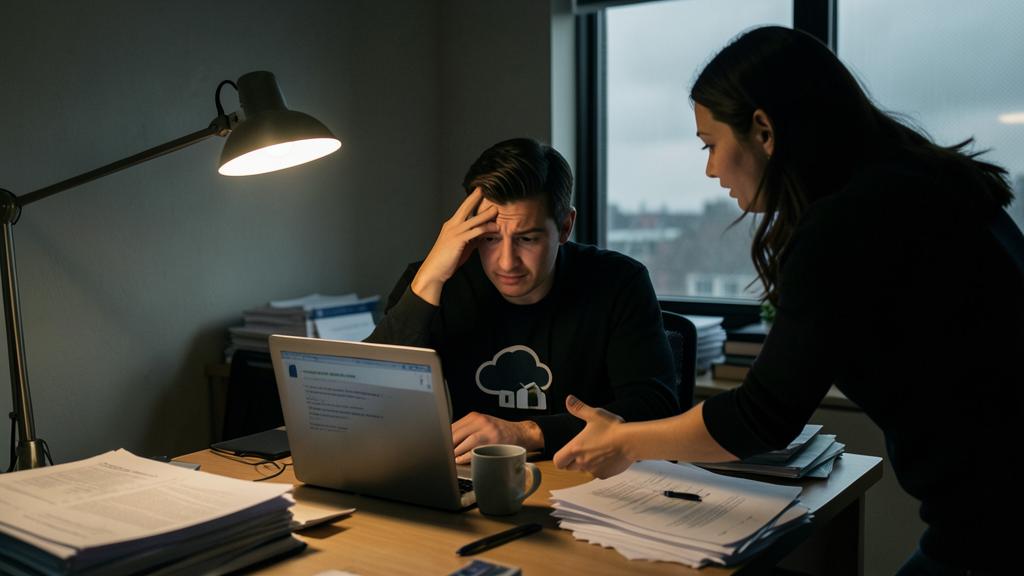 Un homme stressé devant un ordinateur, une femme lui montre des documents.