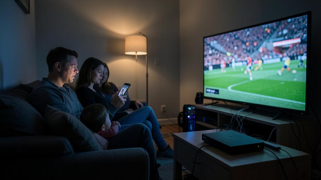 Une famille regarde un match de football à la télévision dans un salon faiblement éclairé, un membre utilisant un smartphone.