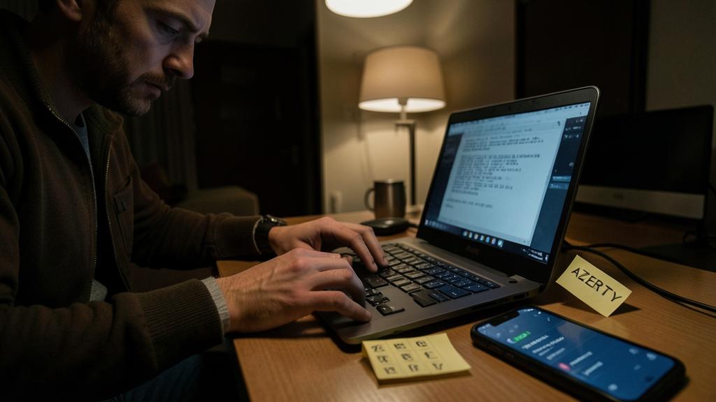 Un hombre escribe en una computadora portátil en una habitación con poca luz, con un teléfono inteligente y notas adhesivas en el escritorio.