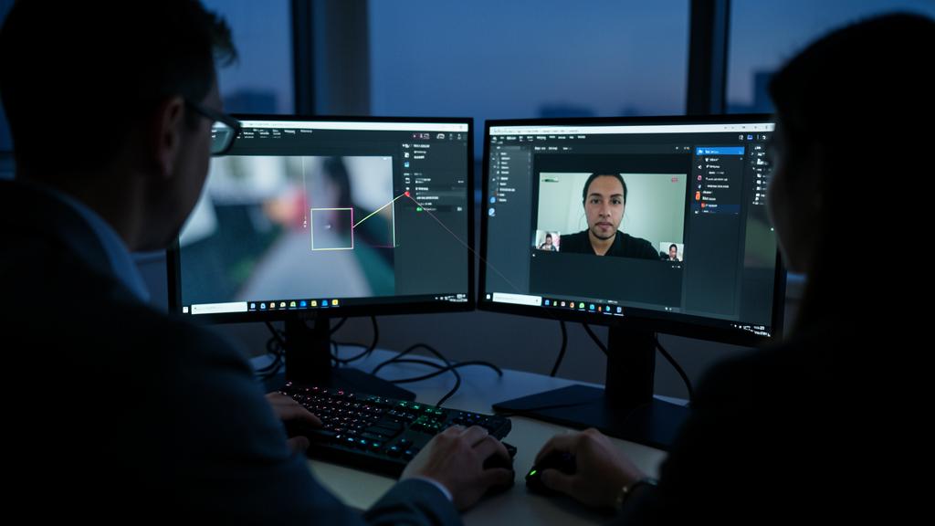 Deux personnes travaillent sur un poste informatique à double écran dans un bureau faiblement éclairé.
