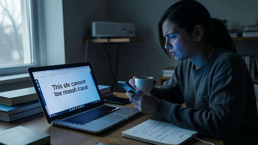 Une femme frustrée regarde un ordinateur affichant une erreur de connexion.