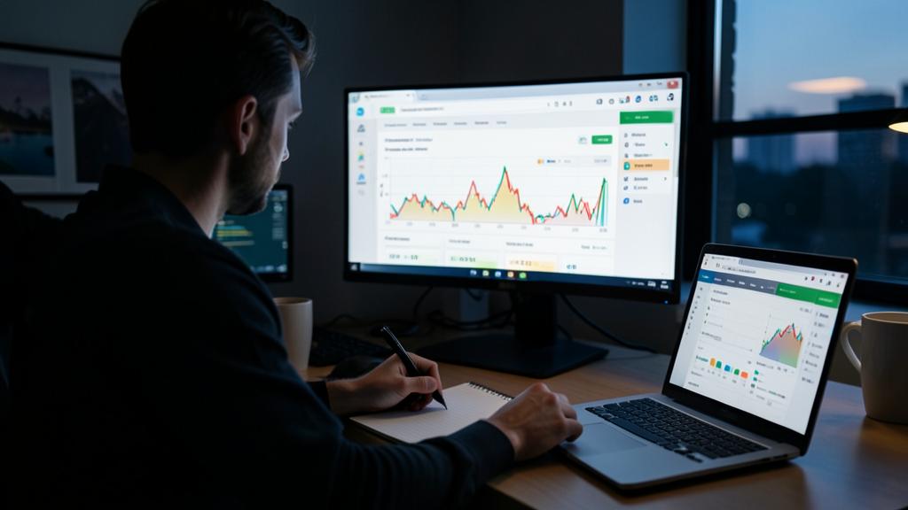 Un homme étudie des statistiques de site web sur un écran et un ordinateur portable, tout en prenant des notes.