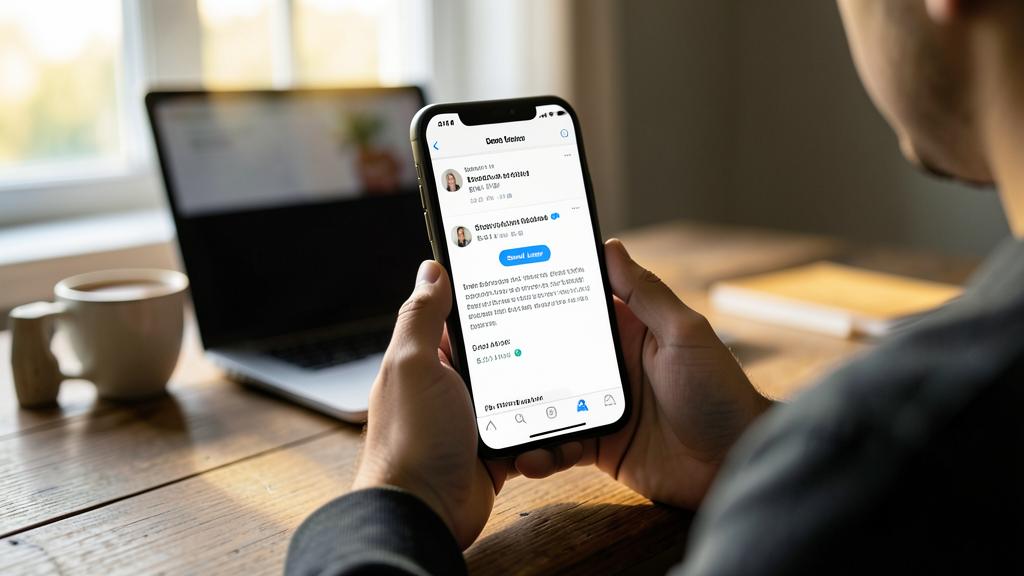 Une personne tient un smartphone affichant une application de messagerie avec un fil de conversation.