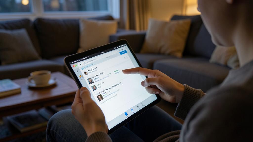 A person is using an iPad in a living room to access a web-based messaging app through Safari.