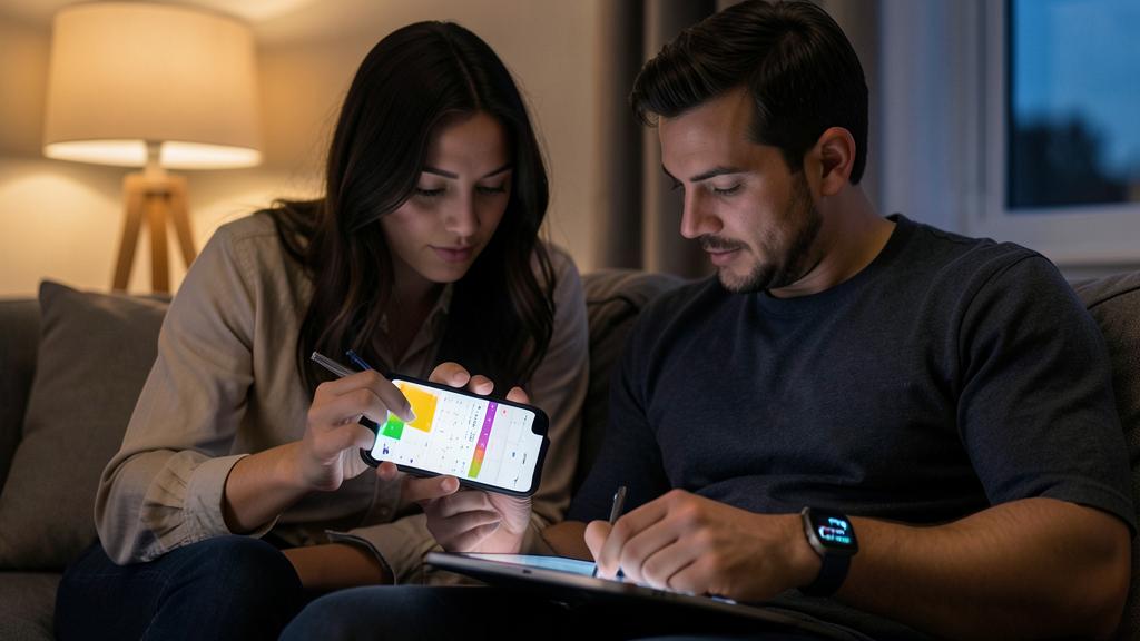Un homme et une femme utilisent un smartphone et une tablette pour gérer une application de calendrier.