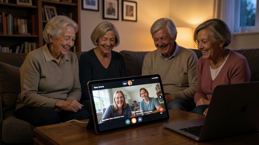 Vier ältere Erwachsene schauen einen FaceTime-Anruf auf einem Tablet mit zwei jüngeren Personen.