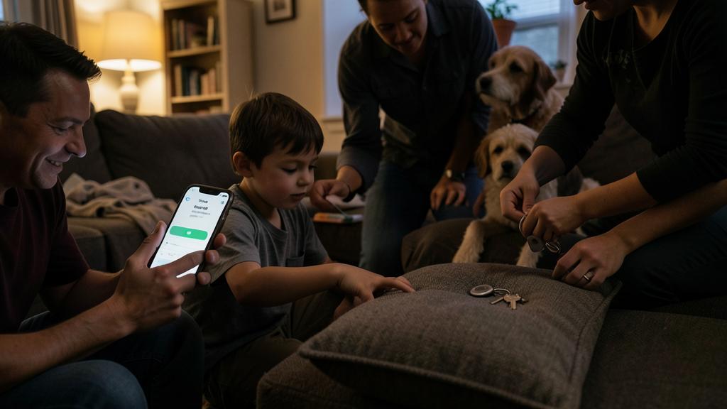 A family in a living room, a young boy looks at a smartphone displaying the AirTag app, a woman holds keys, and a dog watches.
