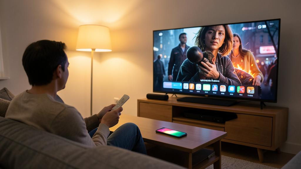 Un homme regarde un film sur un téléviseur avec l'interface Apple TV, tenant une télécommande.