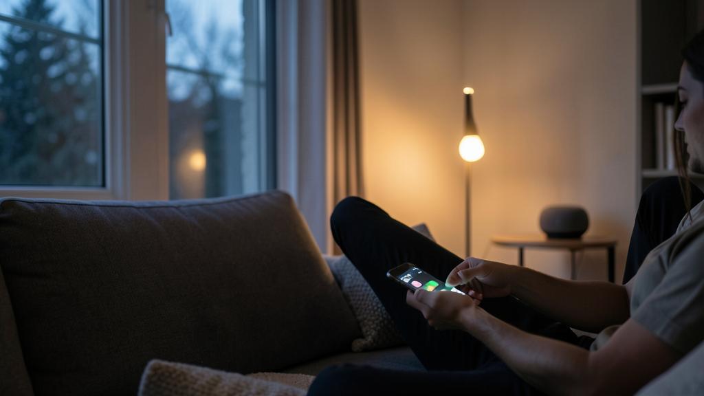 Une personne utilise un smartphone pour contrôler des appareils connectés dans un salon faiblement éclairé.