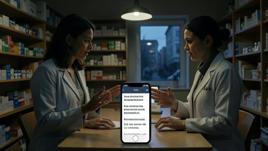 Deux pharmaciens en blouse blanche discutent autour d'une table, un smartphone affichant une application de traduction entre eux.