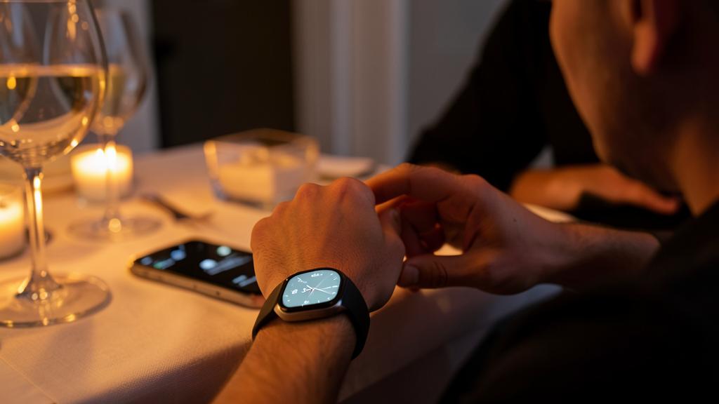 Eine Person schaut auf ihre Apple Watch mit einem digitalen Zifferblatt.