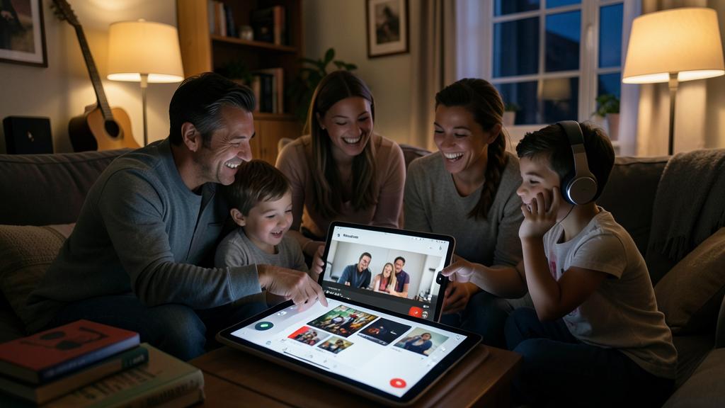 Una familia de cuatro personas sonríe y usa una tableta para una videollamada.