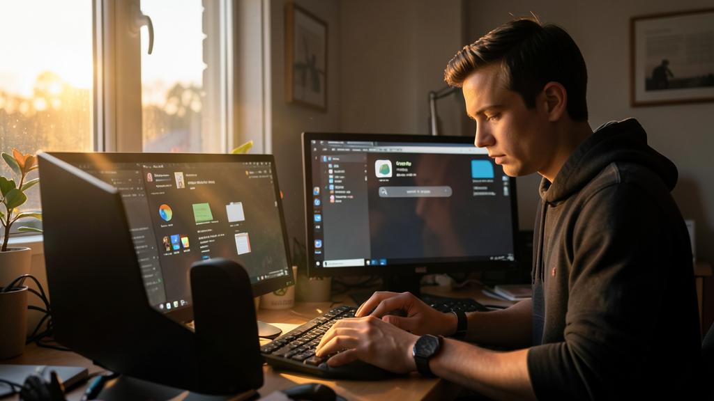 Un jeune homme travaille sur un double écran affichant une interface macOS avec une barre de recherche.