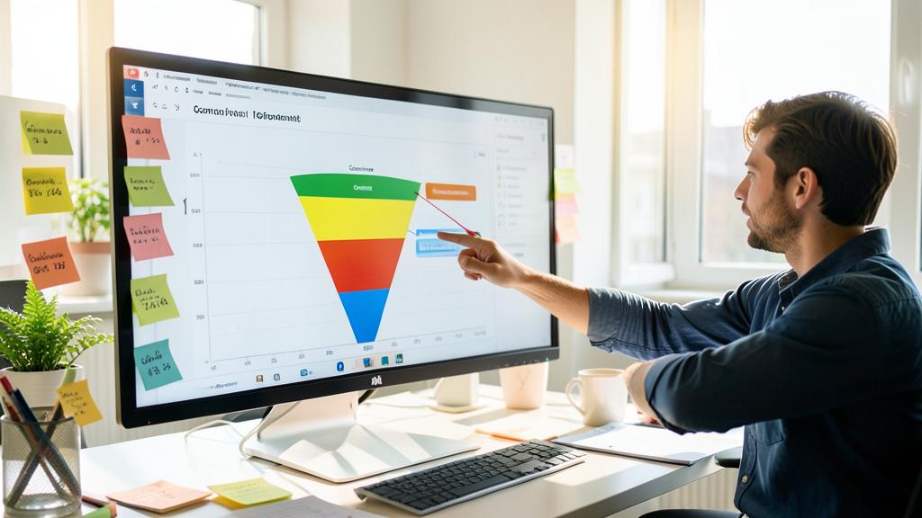 A man points at a screen displaying a sales funnel diagram.