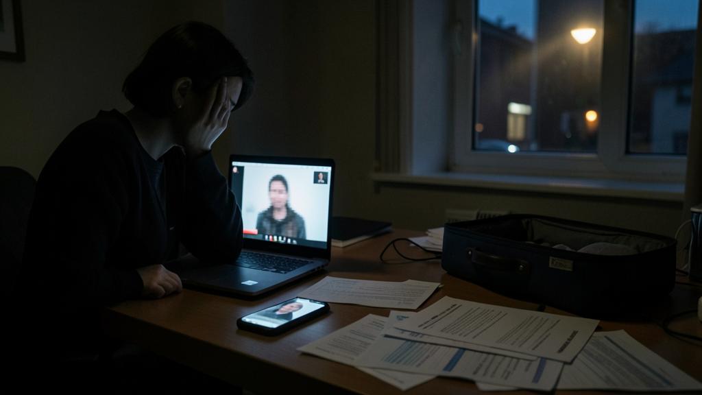 Eine Person wirkt gestresst während eines Videoanrufs, umgeben von Papieren und einem Telefon.