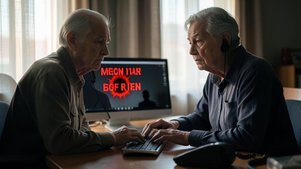 Two elderly men look at a screen displaying a suspicious message.