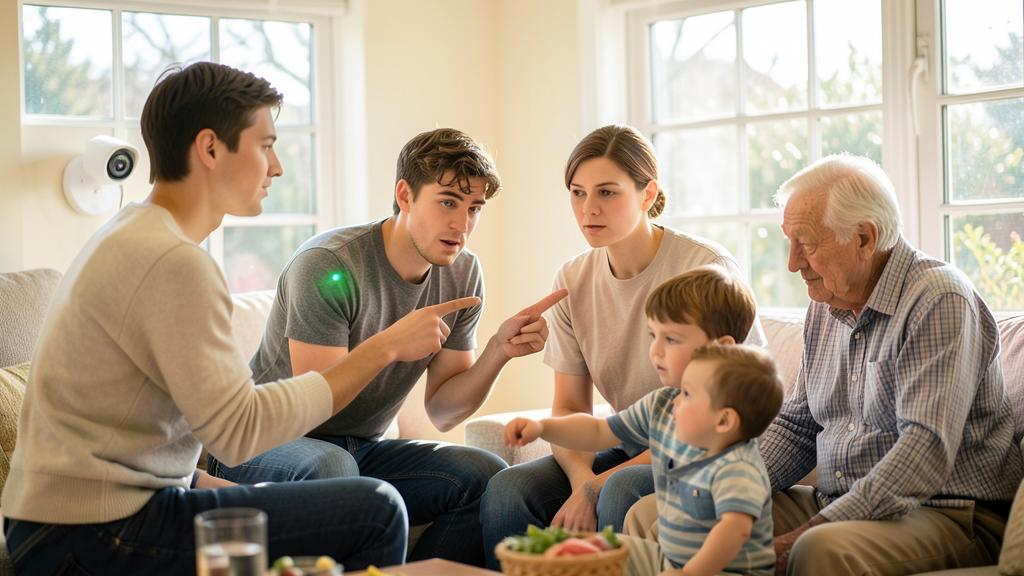 A family discusses in a living room, with a security camera mounted on the wall behind them.