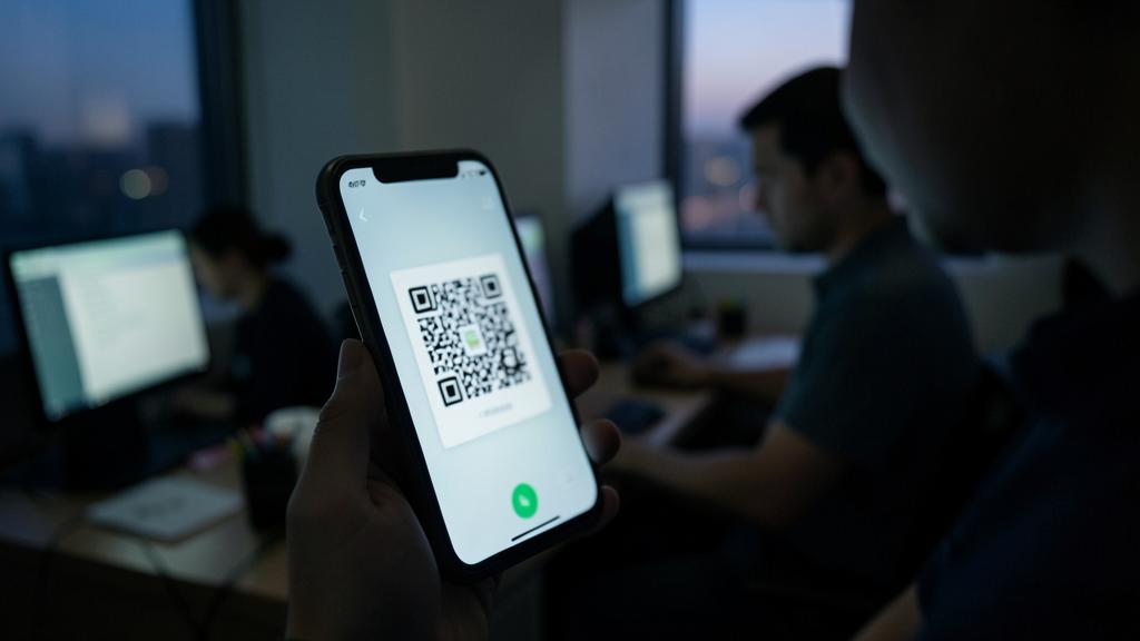 Une personne tient un smartphone affichant un code QR dans un bureau.