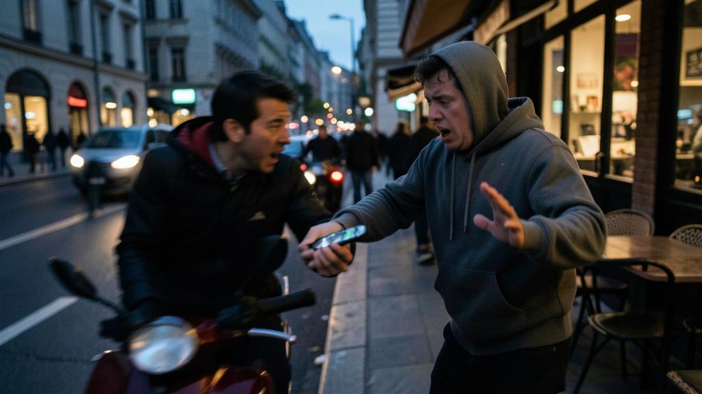 Un hombre con sudadera gris grita y gesticula mientras sostiene un smartphone, enfrentándose a otro hombre en una scooter en una calle al atardecer.