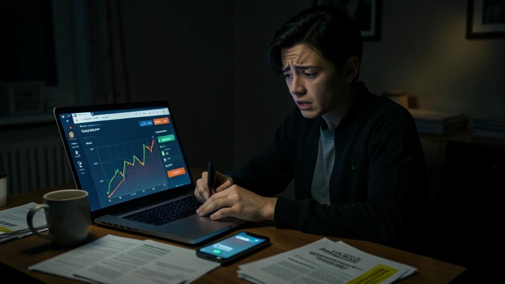 A young man looks distressed while monitoring a stock chart on his laptop, with papers and a phone on the desk.