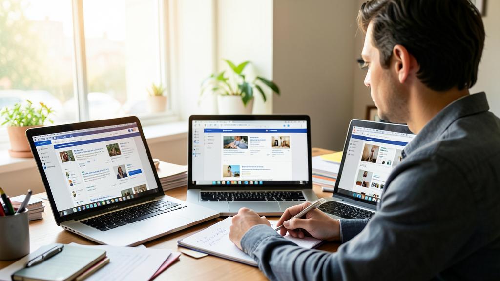 Ein Mann arbeitet an einem Schreibtisch mit drei offenen Laptops, die Social-Media- oder Content-Management-Oberflächen anzeigen, während er Notizen in ein Notizbuch schreibt.