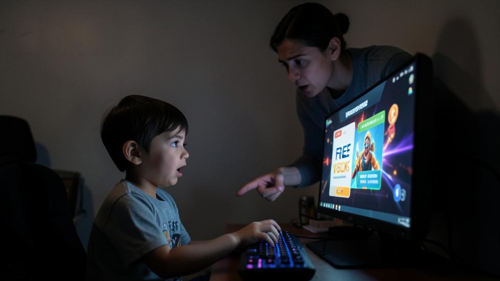 Una mujer señala una pantalla de juego con una oferta 'FREE VSLUKS' mientras un niño la mira sorprendido.