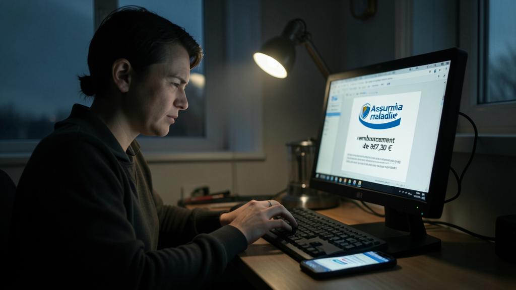 Une personne utilise un ordinateur affichant un faux site de remboursement d'assurance maladie, dans une pièce faiblement éclairée.