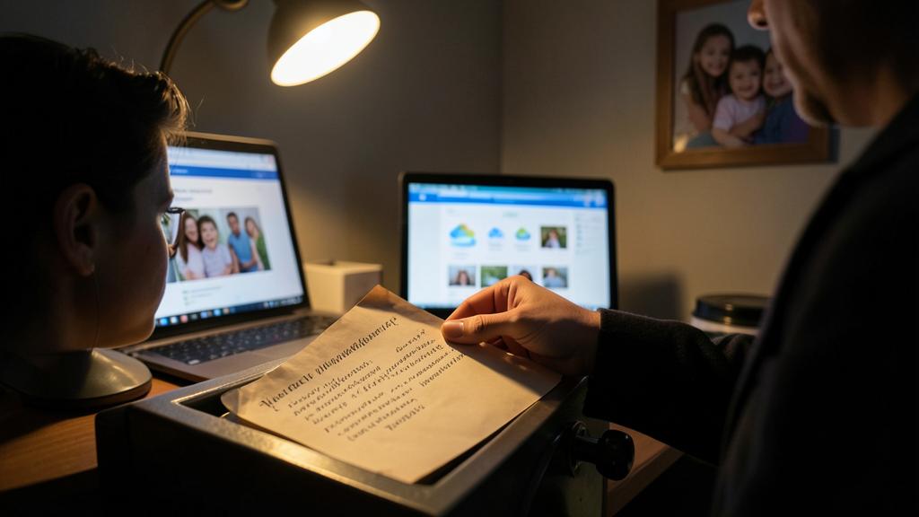 Une personne scanne une lettre manuscrite à un bureau éclairé par une lampe, avec deux ordinateurs affichant des photos de famille.