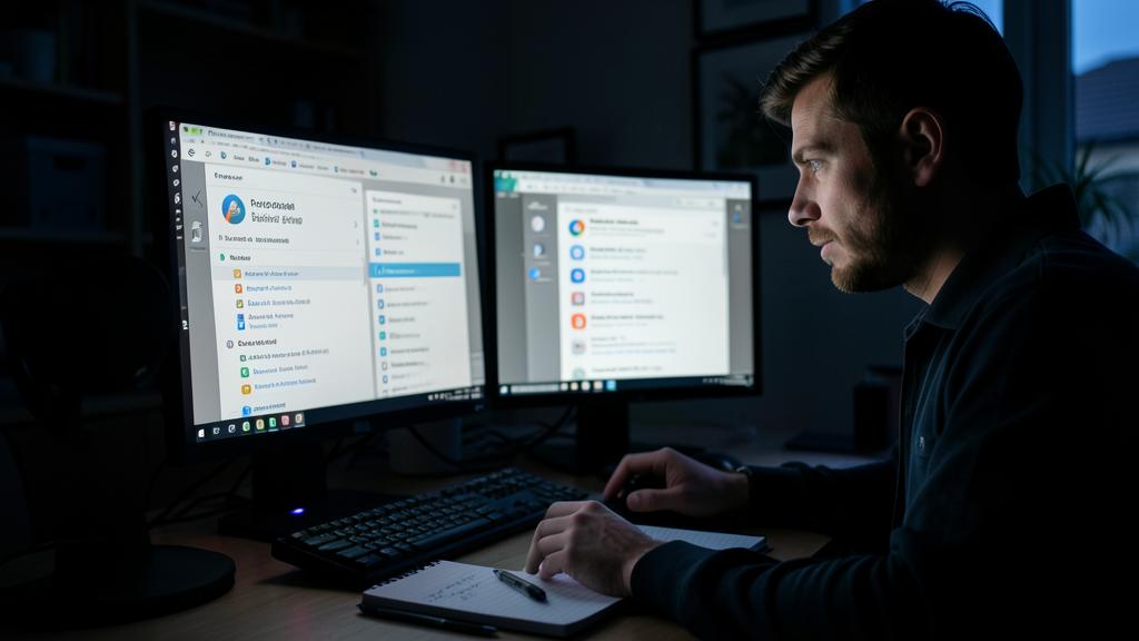 Un homme assis à un bureau avec deux écrans d'ordinateur affichant des fenêtres de navigateur.