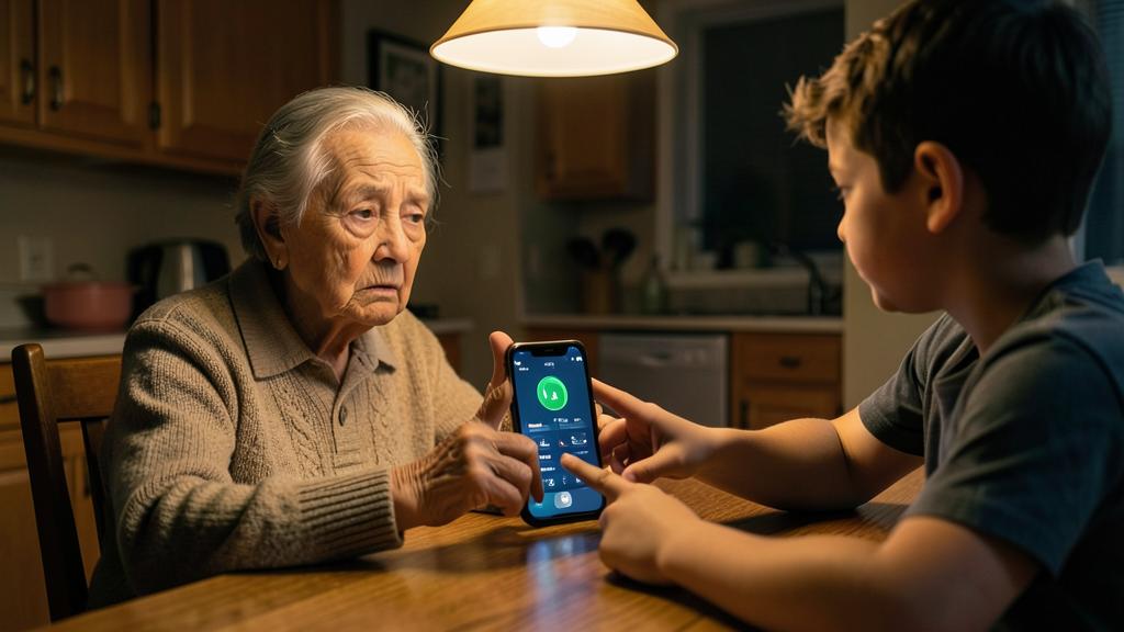 Une femme âgée et un jeune garçon regardent un smartphone affichant un écran d'appel.