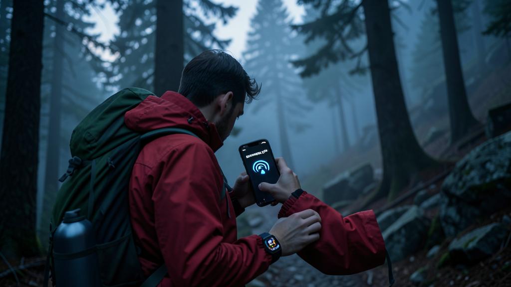Un randonneur utilise un smartphone et une montre connectée dans une forêt brumeuse.