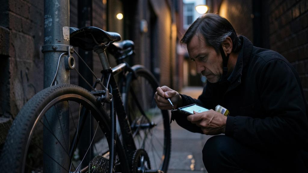 A man inspects a bicycle in an alley using a smartphone and a pen.