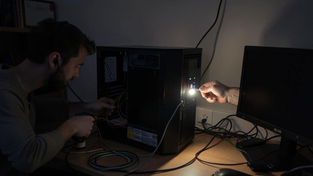 Un hombre examina el interior de una computadora con una linterna.