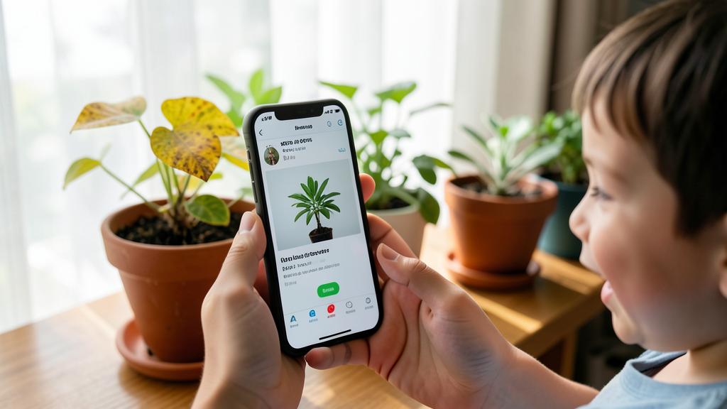 A child holds a smartphone displaying a plant identification app, with a potted plant in the background.
