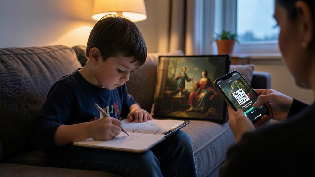 Un enfant dessine dans un carnet tandis qu'un adulte tient un smartphone avec un code QR, une tablette affichant un tableau classique en arrière-plan.