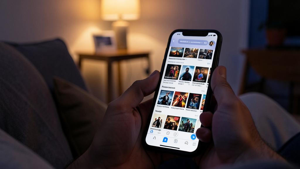 A person holds a smartphone displaying a streaming app with movie and TV show thumbnails.