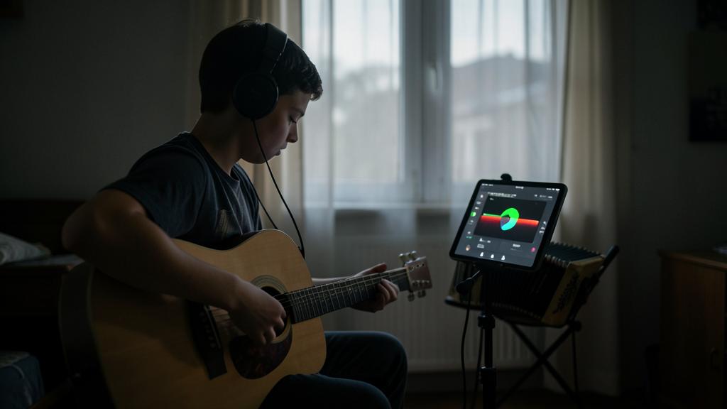 Una persona joven toca una guitarra acústica mientras usa una app de aprendizaje musical en una tablet.