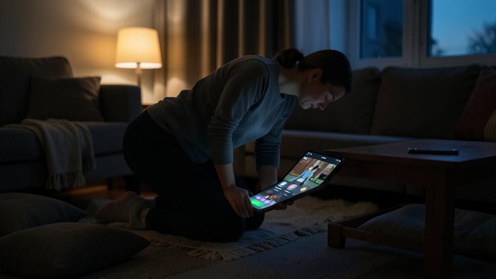 Eine Frau macht Yoga zu Hause und folgt einer Anleitung auf einem Tablet.