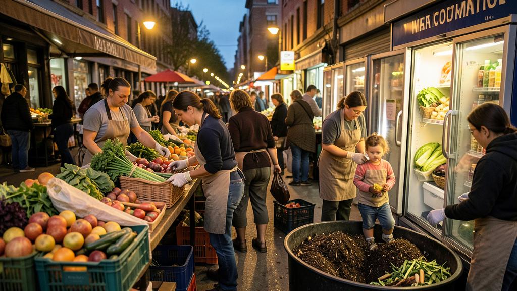Menschen kaufen frische Produkte auf einem Straßenmarkt, mit einer Komposttonne in der Nähe.