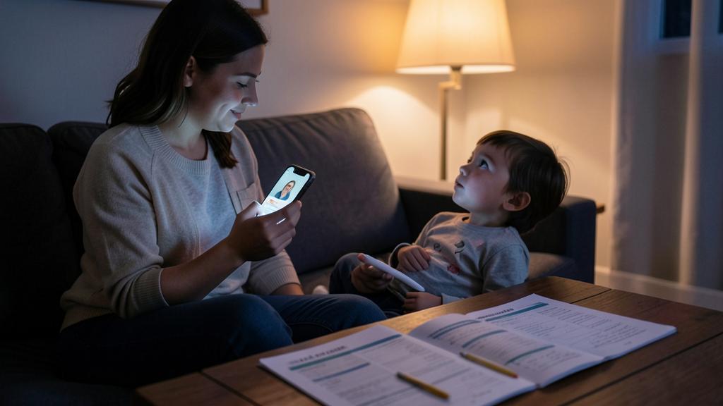Une femme en visioconférence avec un enfant, un carnet et un stylo sur la table.