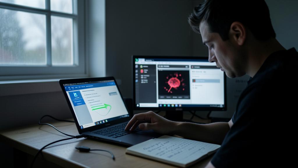 Ein Mann arbeitet an einem Schreibtisch mit einem Laptop und einem externen Monitor, die Cybersecurity-Software anzeigen.