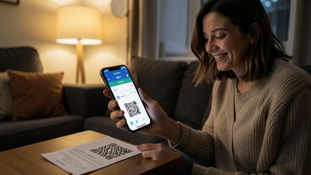 Une femme sourit en scannant un QR code sur un document avec son smartphone.
