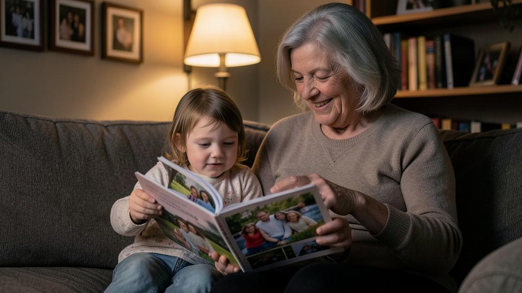 Une femme âgée et un jeune enfant sourient en regardant un album photo ensemble sur un canapé.