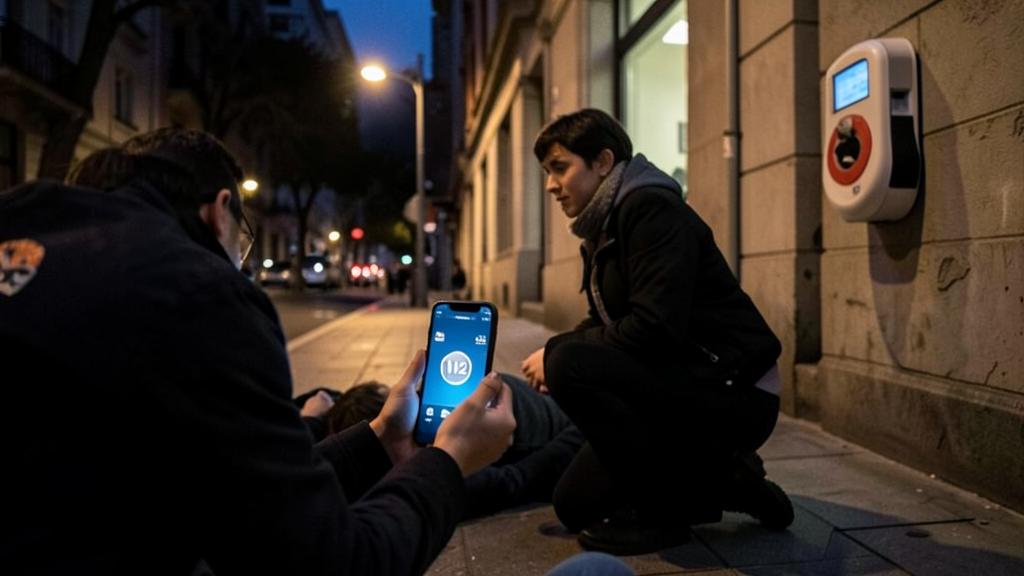 Une personne appelle les secours avec un smartphone tandis qu'une autre est allongée au sol.