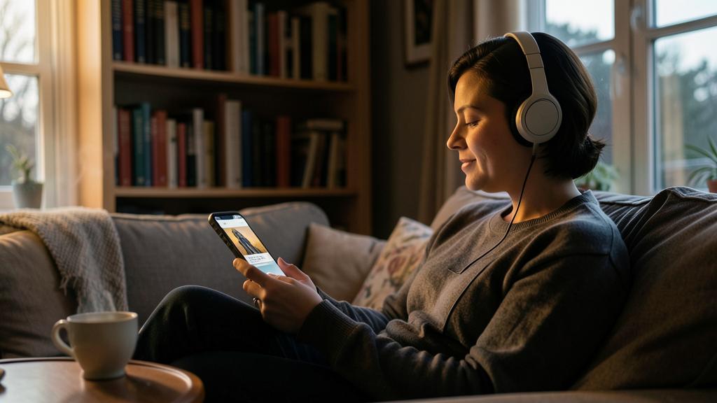 Une femme écoute un livre audio ou un podcast sur son smartphone, assise sur un canapé.