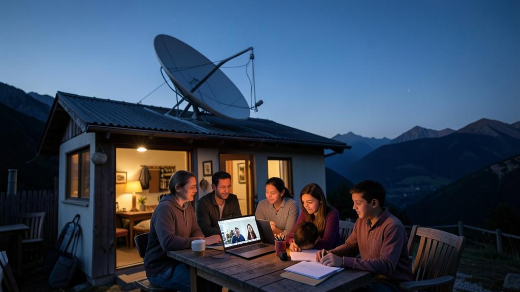 Une famille utilise un ordinateur portable pour un appel vidéo, avec une parabole sur le toit d'une cabane.