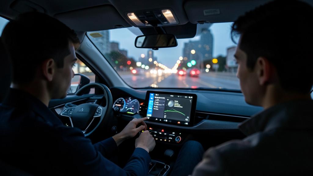 Deux hommes dans une voiture, l'un manipulant un grand écran tactile central.