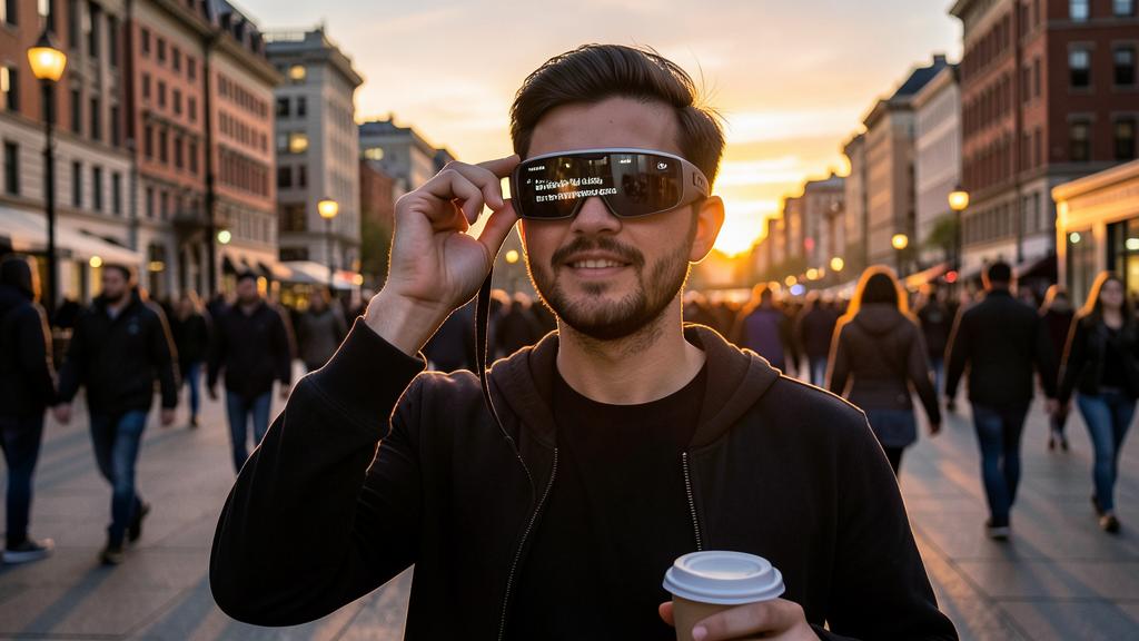 A man adjusts smart glasses while holding a coffee cup on a busy city street at sunset.