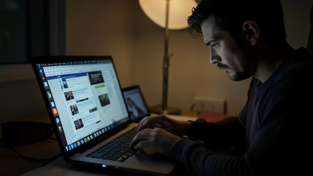 Ein Mann nutzt einen Laptop in einem schwach beleuchteten Raum, auf dem ein Social-Media-Feed angezeigt wird.